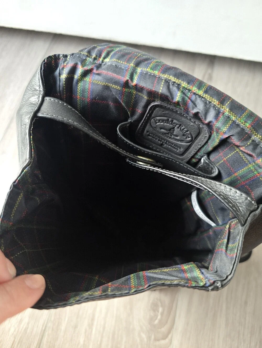 Boulder Ridge Black Full Grain Leather Backpack Cowhide Flap Plaid Lined Vintage